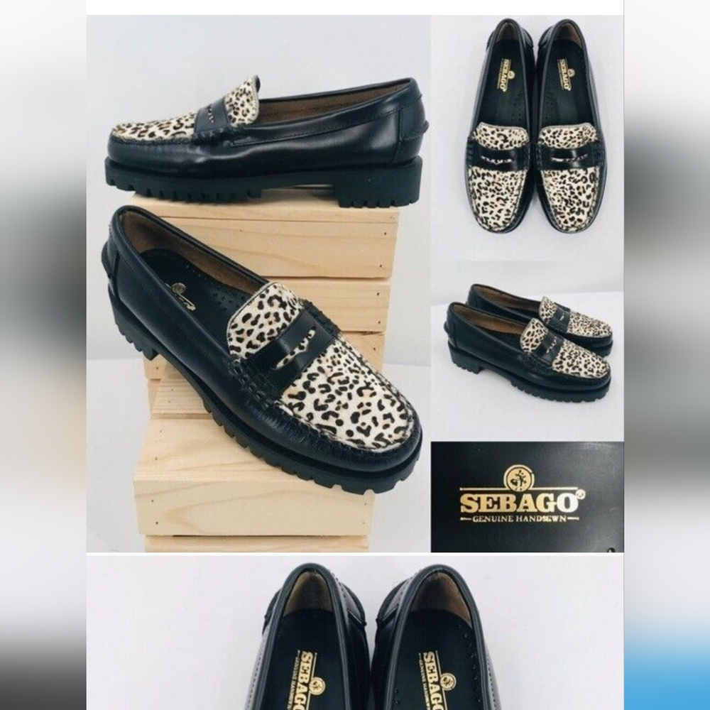 Sebago Dan Lug Vamp Wild Black Cheetah Loafer Shoes, Sz 7